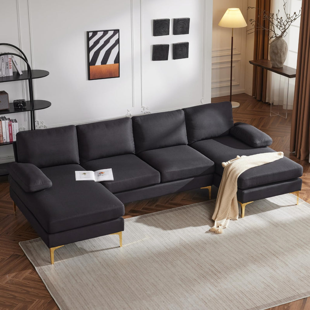 Karl home U-Shape Sectional Sofa Couch 111" Modern 4-Seat Sofa with Chaises Chenille Fabric Upholstered Covertible Couch with Wood Grain Legs for Living Room, Reception Room, Apartment, Black
