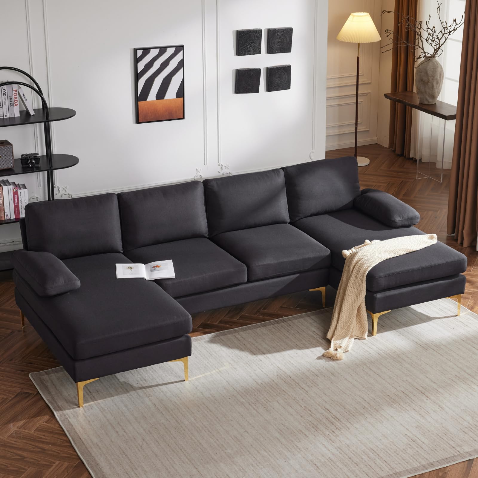Karl home U-Shape Sectional Sofa Couch 111" Modern 4-Seat Sofa with Chaises Chenille Fabric Upholstered Covertible Couch with Wood Grain Legs for Living Room, Reception Room, Apartment, Black