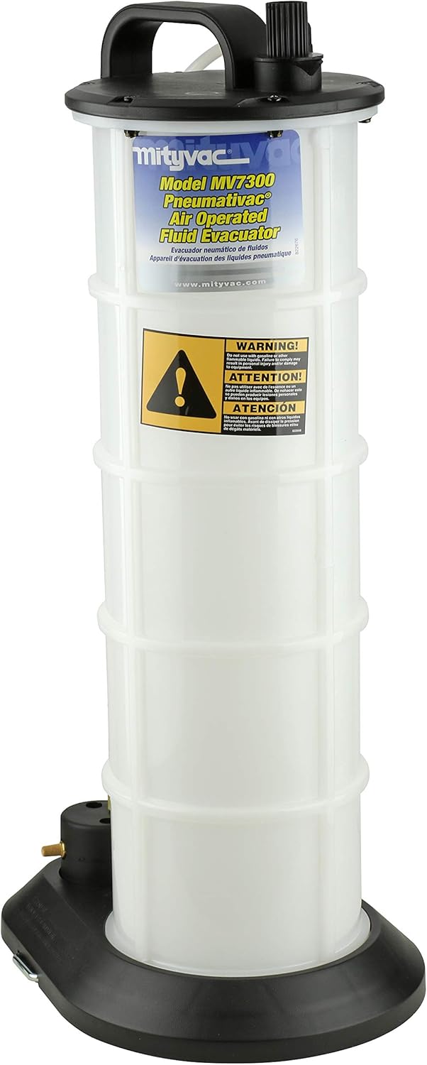 Mityvac MV7300 Pneumatic 2.3 Gallon Venturi Vacuum Pump Fluid Evacuator, Uses Compressed Air, Chemical-Resistant Polyethylene, Air Shut-Off Valve, Overflow Prevention, Quick-Drain Spout, Large Base
