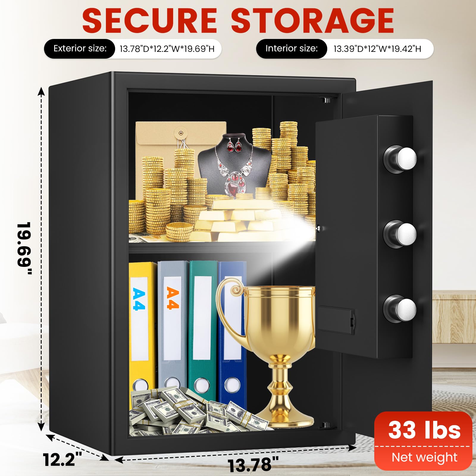 Coffre-fort domestique grand 3,0 pi³ avec sac ignifuge et étanche, coffres-forts numériques pour la maison avec serrure à clavier et clé, coffre-fort pour documents et argent, coffre de sécurité pour bureau, hôtel et usage personnel