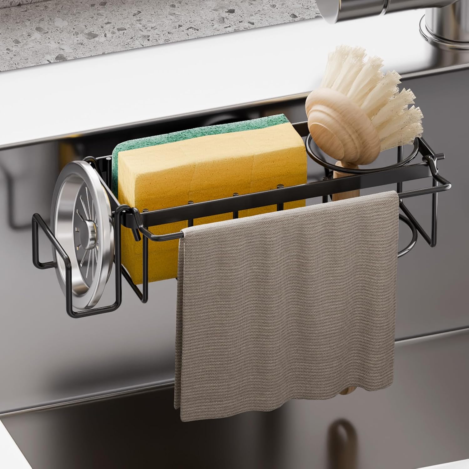 TAILI Sponge Holder with Strong Suction Cup, 4-in-1 Rustproof Sink Organizer - Sink Caddy Holds Sponges, Brushes, Stoppers & Scrapers -Black