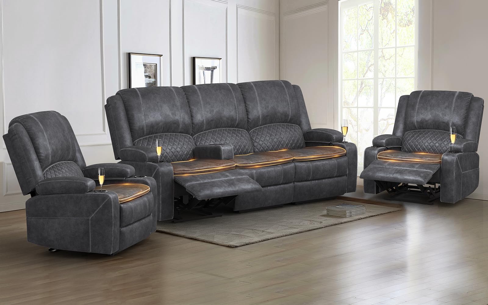 3 Seater Recliner Sofa Set with 2-Tier Cushion, 3+1 Pieces in Living Room, 3 Seater Reclining Couch Leather with Removable Console, 1 Oversize Recliner Chair Sofa Seat