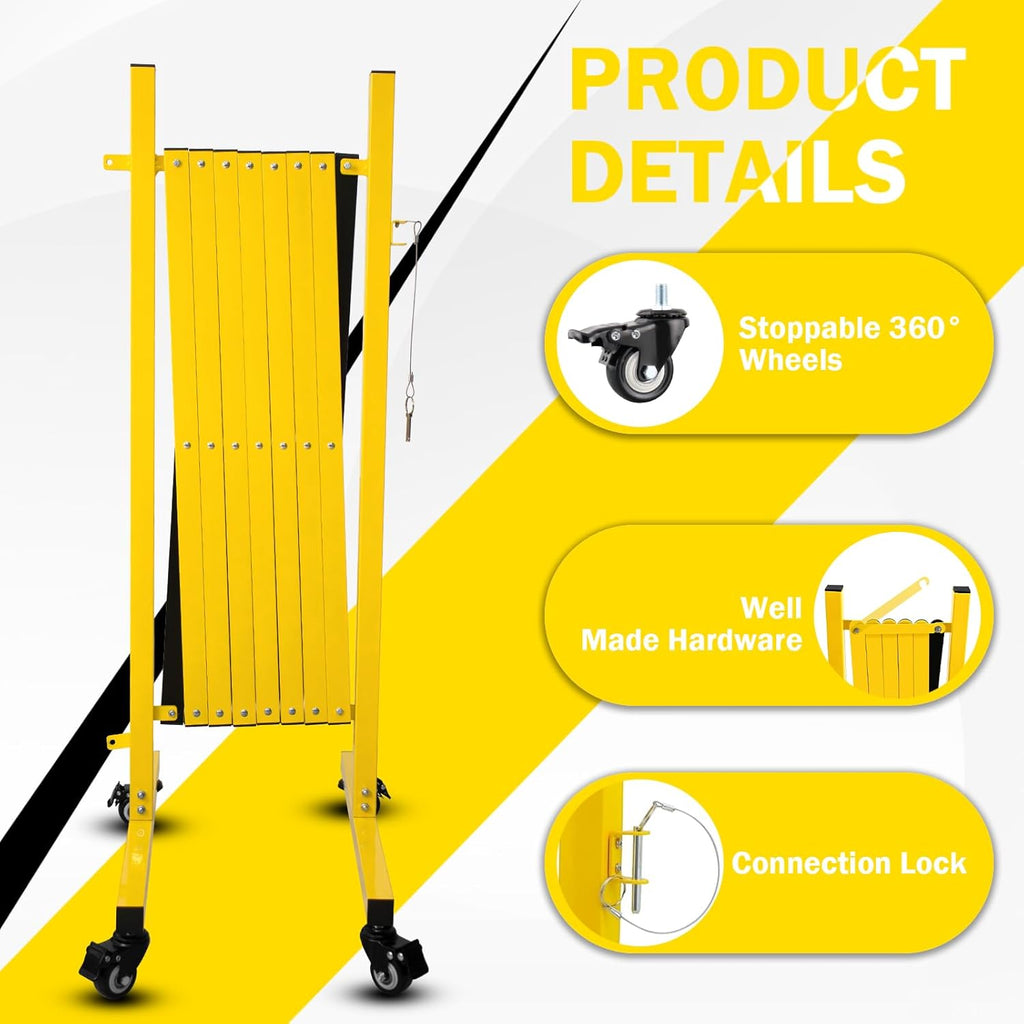 11 Traffic Barricade with Casters, Metal Expandable Barricade, Folding Security Gate, Retractable Fence Outdoor Barricade Fence for Construction Area, Traffic Control（2 Pack)