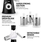 Zulay Rotary Cheese Grater 3 Blade Cheese Shredder - Manual Hand Crank Cheese Grater With Reinforced Suction & 3 Interchangeable Drums - Easy to Use Vegetable Chopper - Black