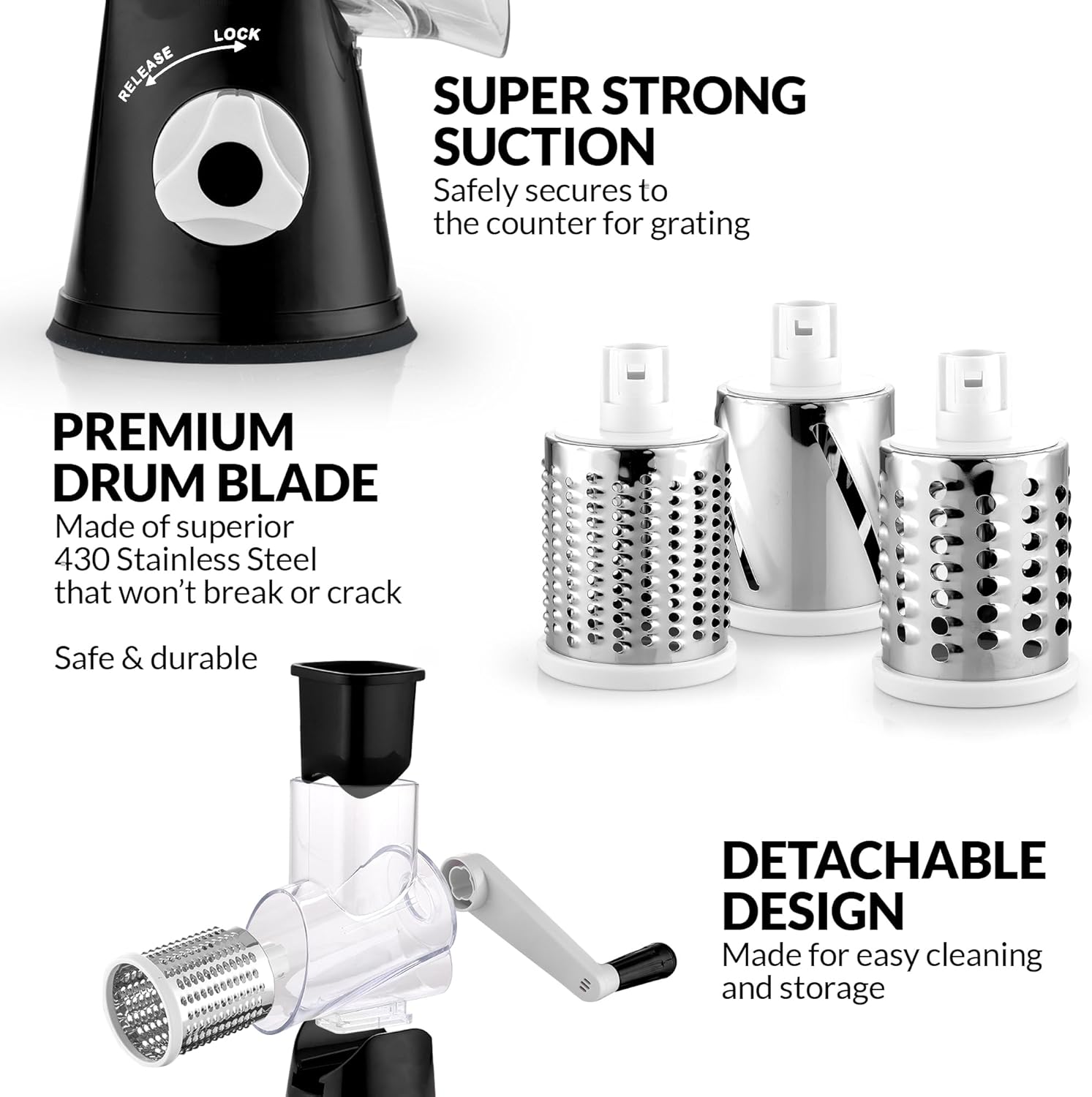 Zulay Rotary Cheese Grater 3 Blade Cheese Shredder - Manual Hand Crank Cheese Grater With Reinforced Suction & 3 Interchangeable Drums - Easy to Use Vegetable Chopper - Black