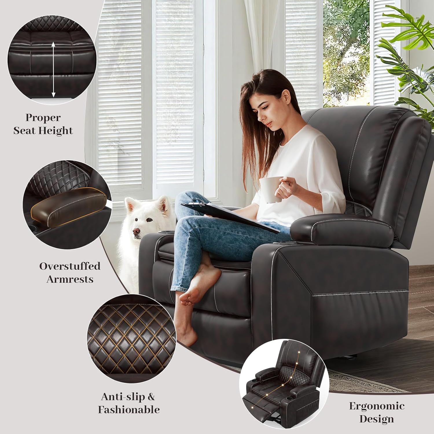 3 Seater Recliner Sofa Set with 2-Tier Cushion, 3+1 Pieces in Living Room, 3 Seater Reclining Couch Leather with Removable Console, 1 Oversize Recliner Chair Sofa Seat
