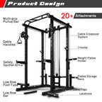 RitFit Multi-Function Power Rack Cage PPC03 with Adjustable Cable Crossover System,1000LBS Capacity, Full Home Gym Workout with J-Hook, Landmine and Other Attachments-Black