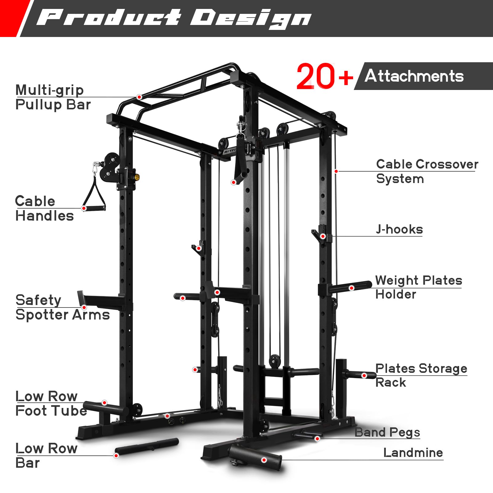RitFit Multi-Function Power Rack Cage PPC03 with Adjustable Cable Crossover System,1000LBS Capacity, Full Home Gym Workout with J-Hook, Landmine and Other Attachments-Black