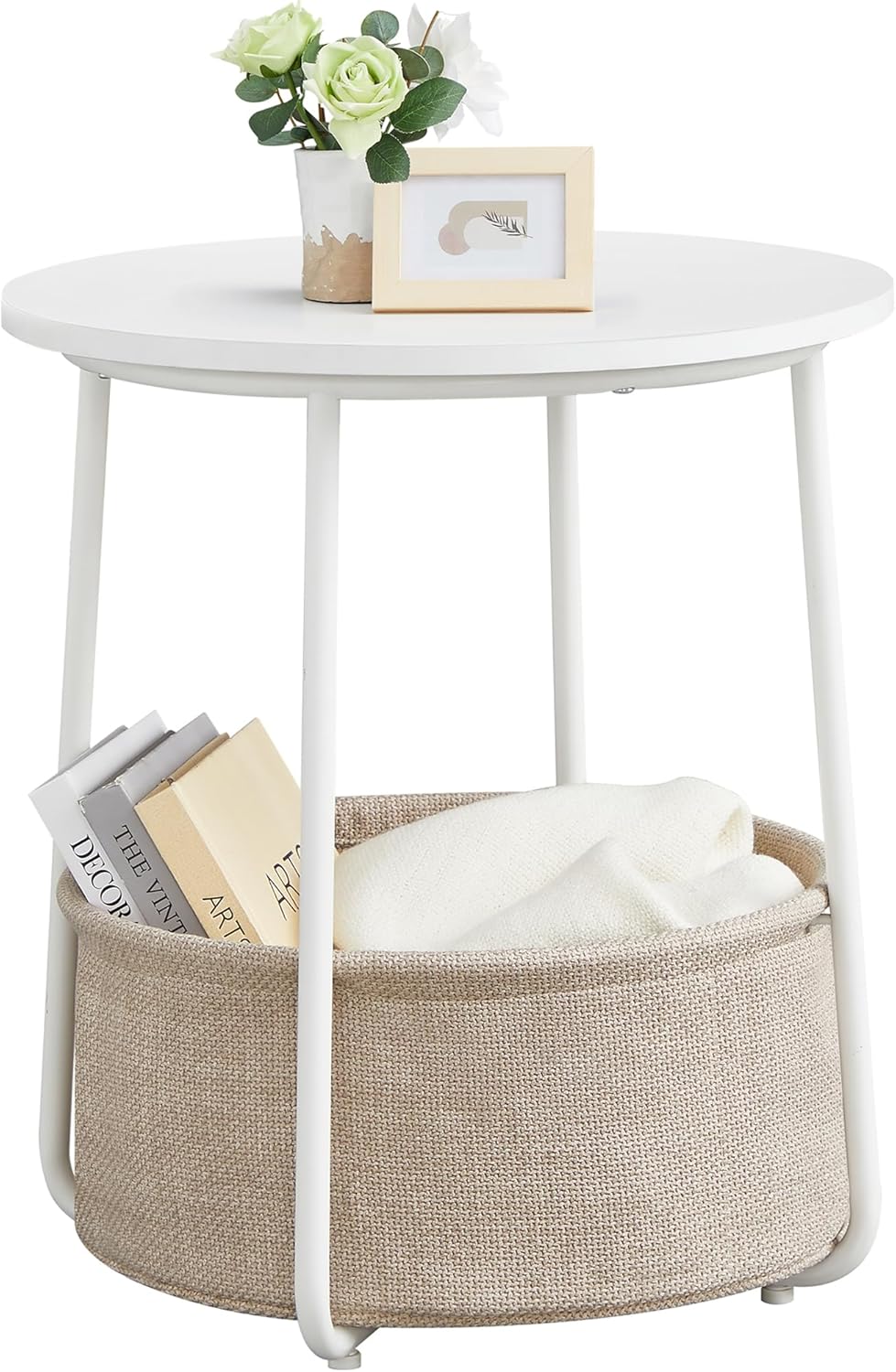VASAGLE Small Round Side End Table, Modern Nightstand with Fabric Basket, Matte White and Camel Brown ULET223W10