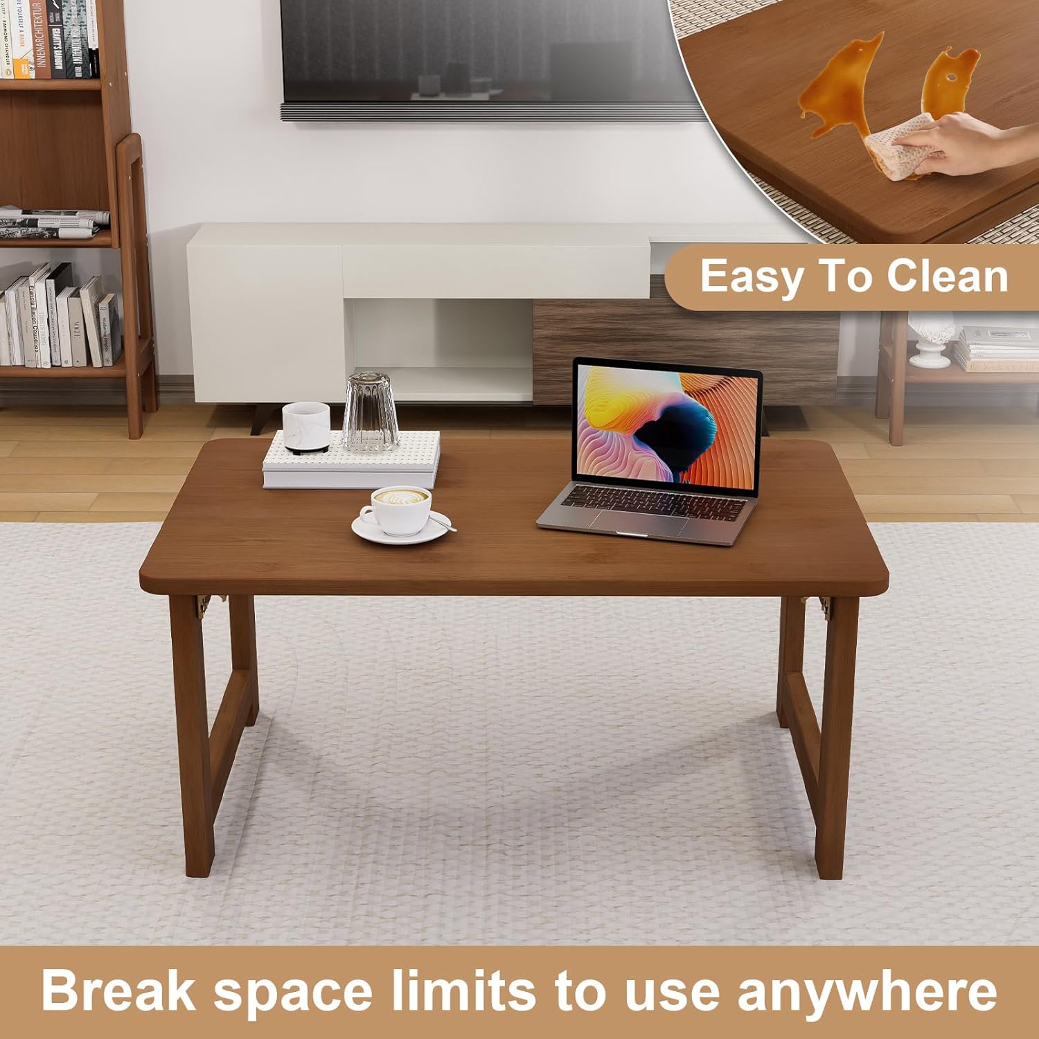 Floor Coffee Table for Living Room, Japanese Folding Low Dining Table, No Assembly Foldable Tatami Tea Table - Natural Solid Wood Bamboo, Rectangle Ground Desk for Small Spaces (Walnut)