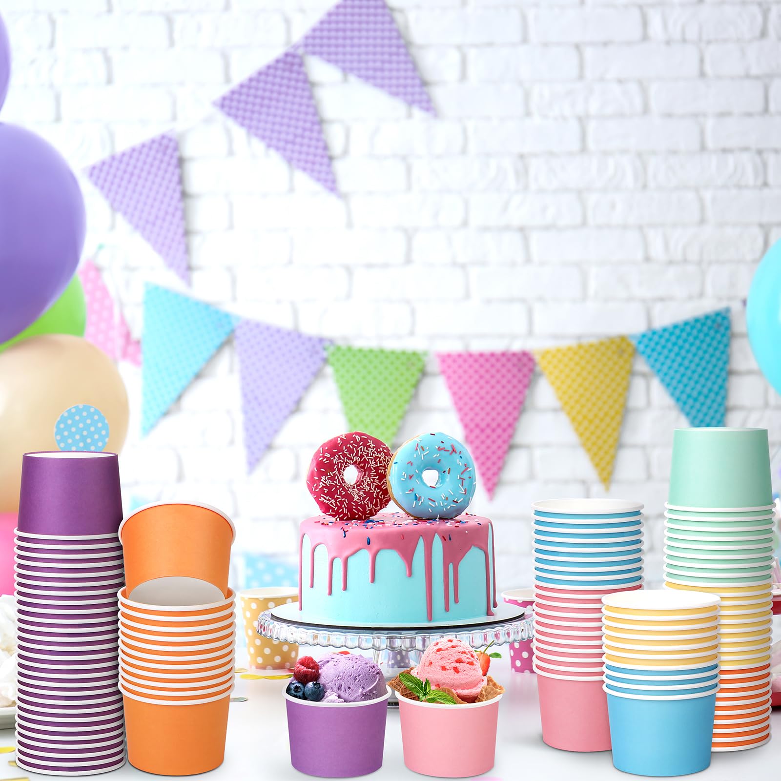 Aodaer Paper Ice Cream Cups Disposable Dessert Bowls 6 Colors Ice Cream Containers Hot and Cold Food Bowls Summer Party Treat Cups for Frozen Yogurt, Dessert, Sundae (300, 8 oz)