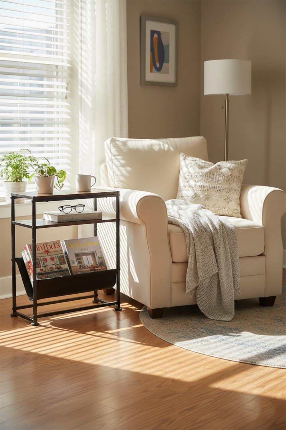 Narrow End Table for Small Spaces - Slim Side Table with Magazine Holder,2 in 1 Design Narrow Coffee Table Living Room,Skinny Bedroom Nightstand Thin Side Magazine Table,Rustic Brown