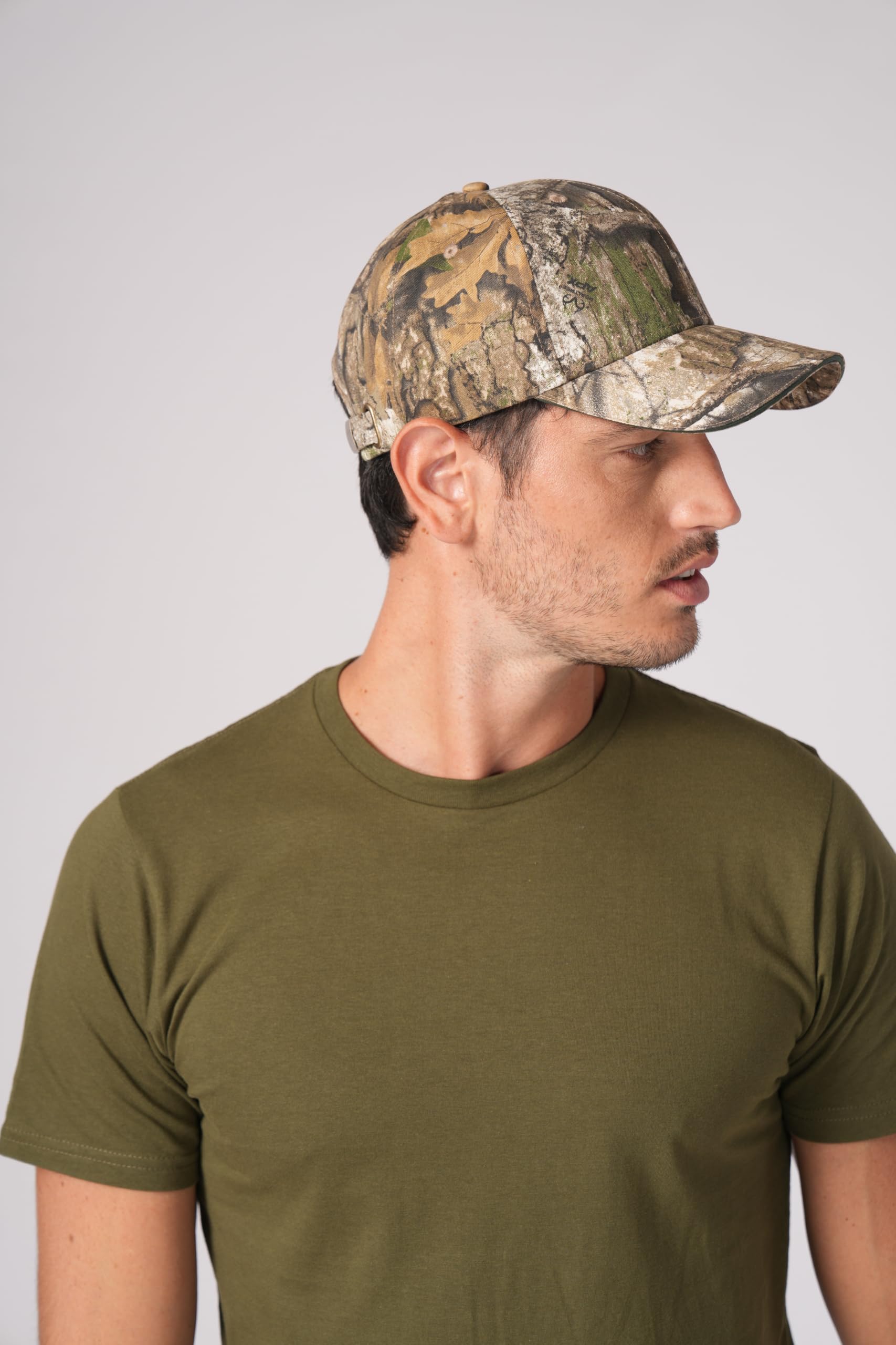 Bell Rangers Realtree APX Camo Baseball Cap Hat for Men and Women 100% Cotton Twill (Peached) (US, Alpha, One Size, Plain Cap with Green Visor)