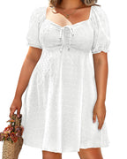 Pinup Fashion White Plus Size Dress Women Summer Eyelet Graduation Casual Short Puff Sleeve A Line Baby Doll Cute Mini Dresses