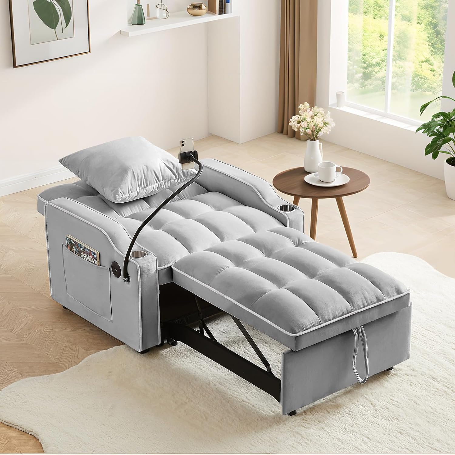 Convertible Single Sleeper Chair Bed,3 in 1 Velvet Futon Sleeper Sofa Bed with Phone Holder&USB Ports,Pull Out Couch Bed,Adjustable Recliner Armchair bed for Living Room,Office,Small Places(Grey)