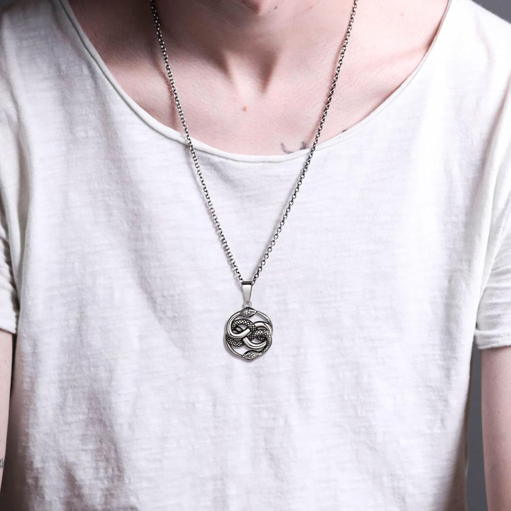Hipunk Vintage Antique Infinity Snake Ouroboros Serpent Pendant Stainless Steel Necklace, Gothic Jewelry
