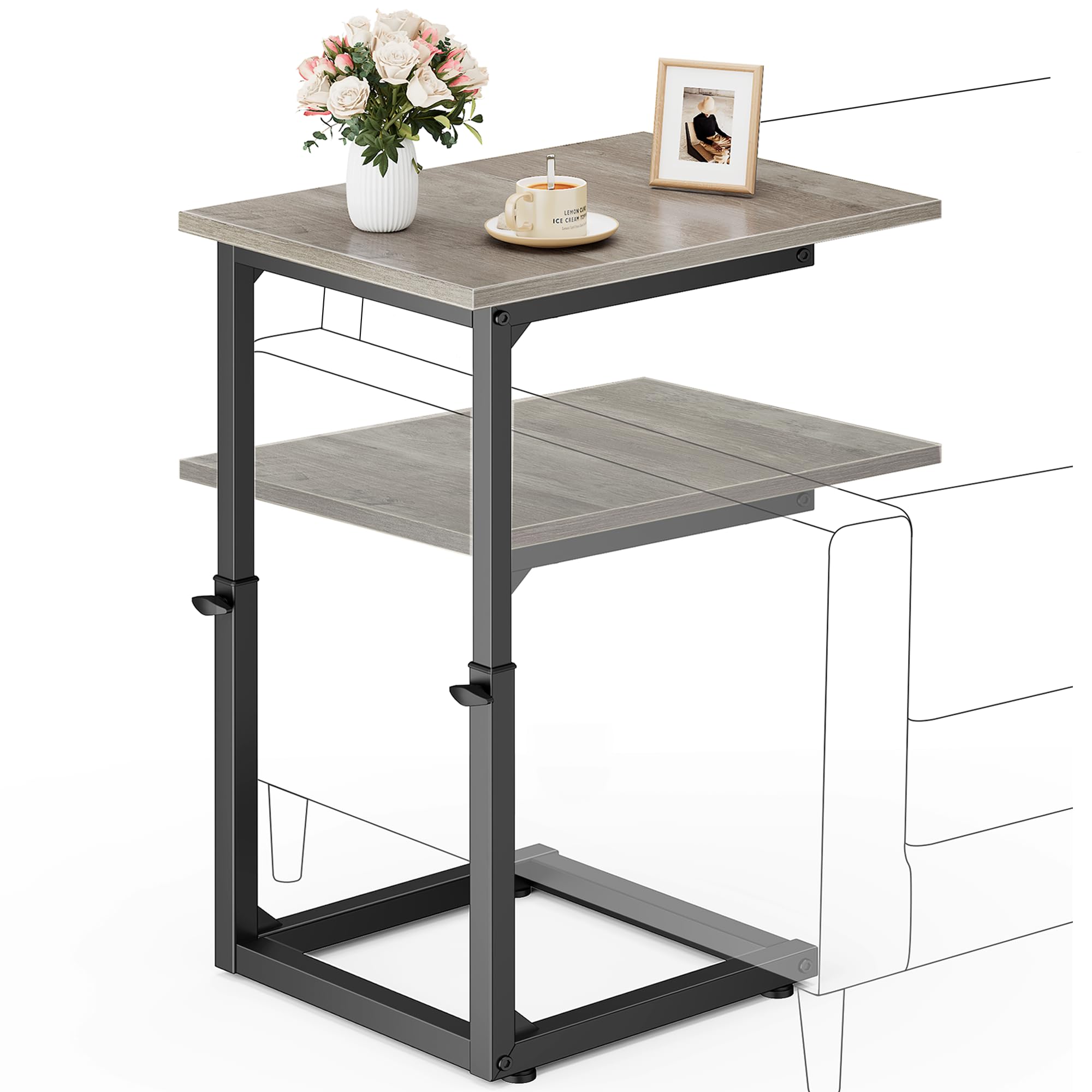 Vagusicc C Shaped End Table, 33" Tall Couch Table Adjustable Height Side Table, Sofa Table That Slide Under, C Table End Table TV Tray Coffee Arm Table for Living Room, Bedroom, Small Spaces, Brown