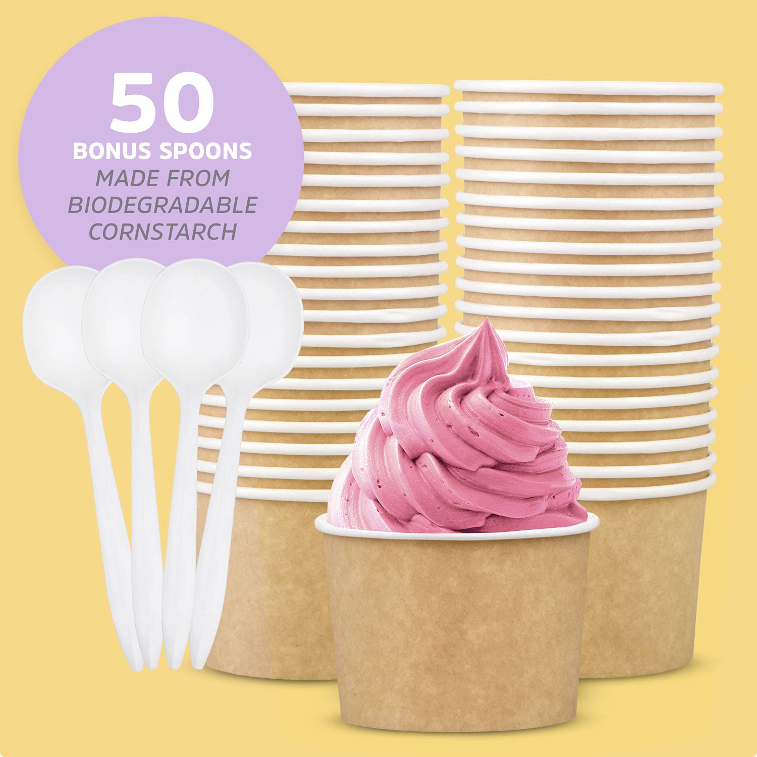 Promora 12oz Paper Ice Cream Cups Disposable 50 Count + Spoons, Bowls for Hot Soup/Dessert with Spoons, Perfect for Hot & Cold Food, Disposable Soup Bowls, Ice Cream Bowls, Frozen Yogurt (Brown 12oz)