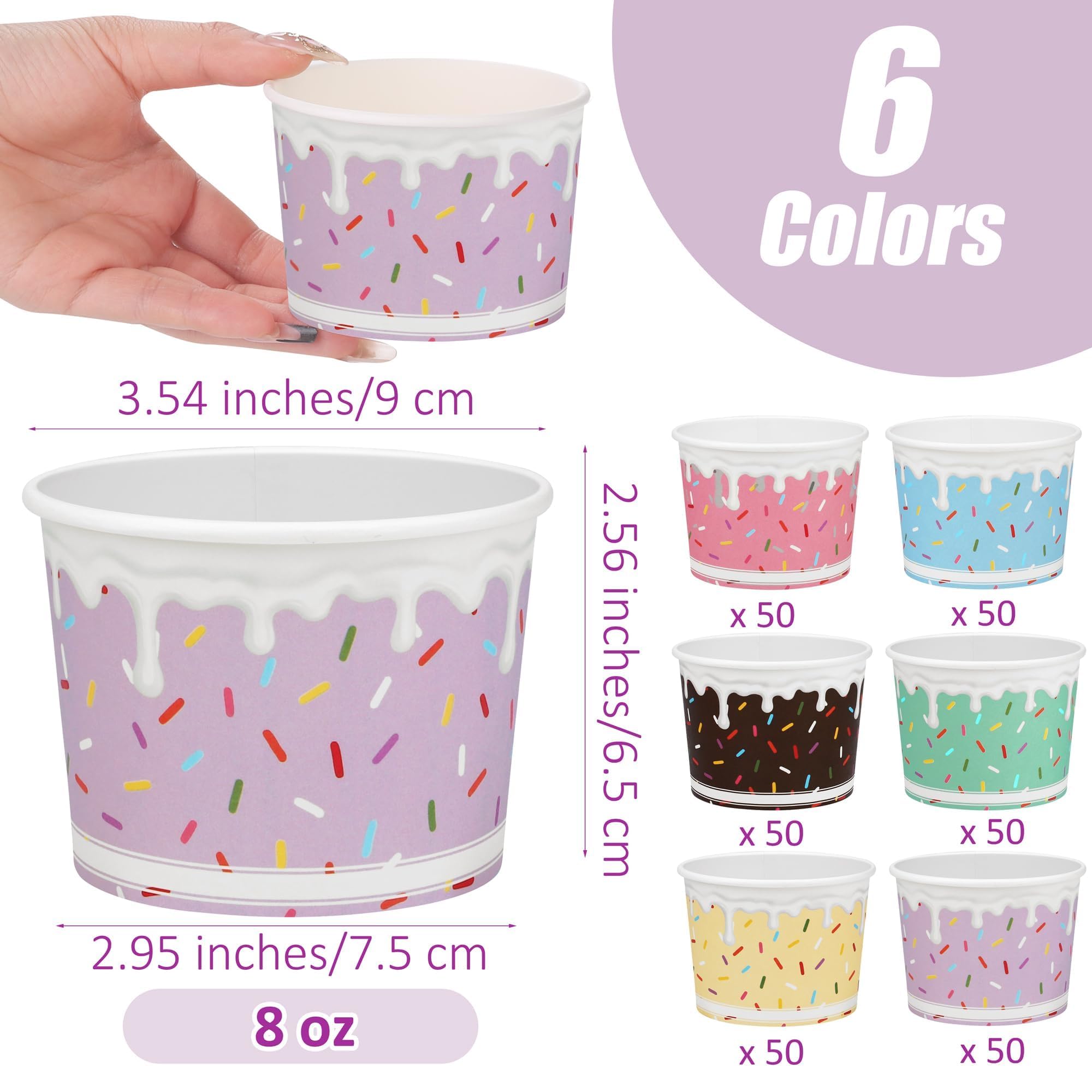Aodaer 300 Pack Ice Cream Cups 8oz Sprinkles Paper Ice Cream Bowls 6 Color Disposable Snack Bowls Party Supplies Treat Cups for Sundae, Frozen Yogurt, Dessert