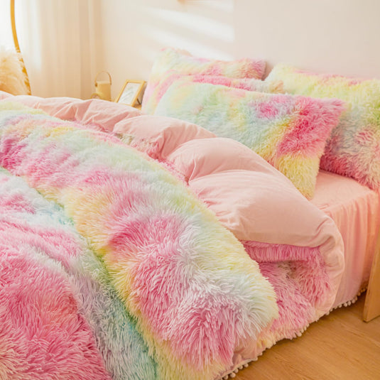 Fluffy Pink Faux Fur Comforter Cover Set，Fluffy Fuzzy Plush Pink Bedding 3Pcs (1 Faux Fur Duvet Cover +2 Fuzzy Pillowcases) Pink Fluffy Bed Set (Pink, Queen)