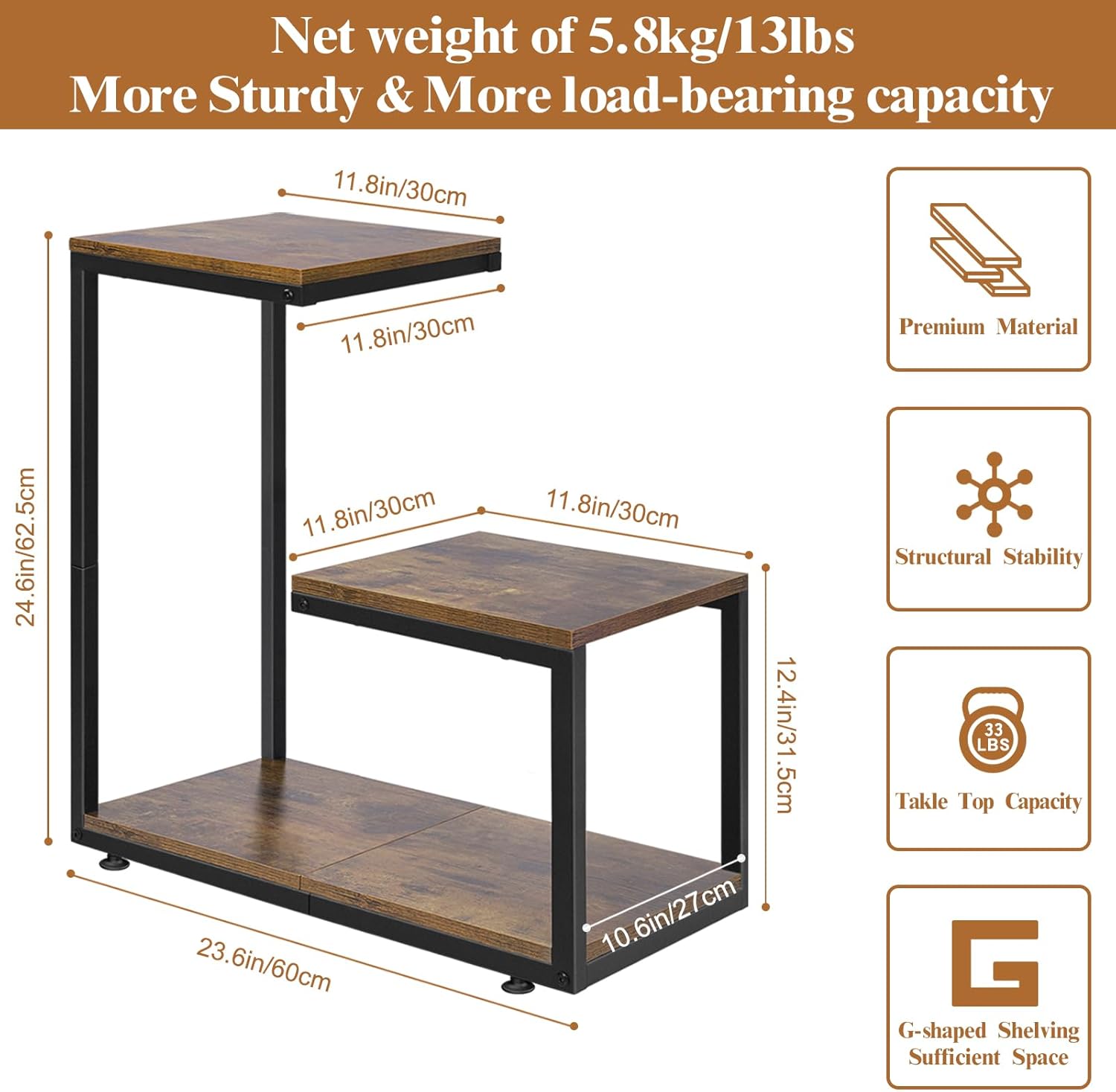 G-Shaped Side Table with Thick Metal Frame, 3-Tier End Table for Sofa Bedside Table with Storage, Corner Table Coffee Table for Bedroom Living Room Kitchen (Rustic Brown)
