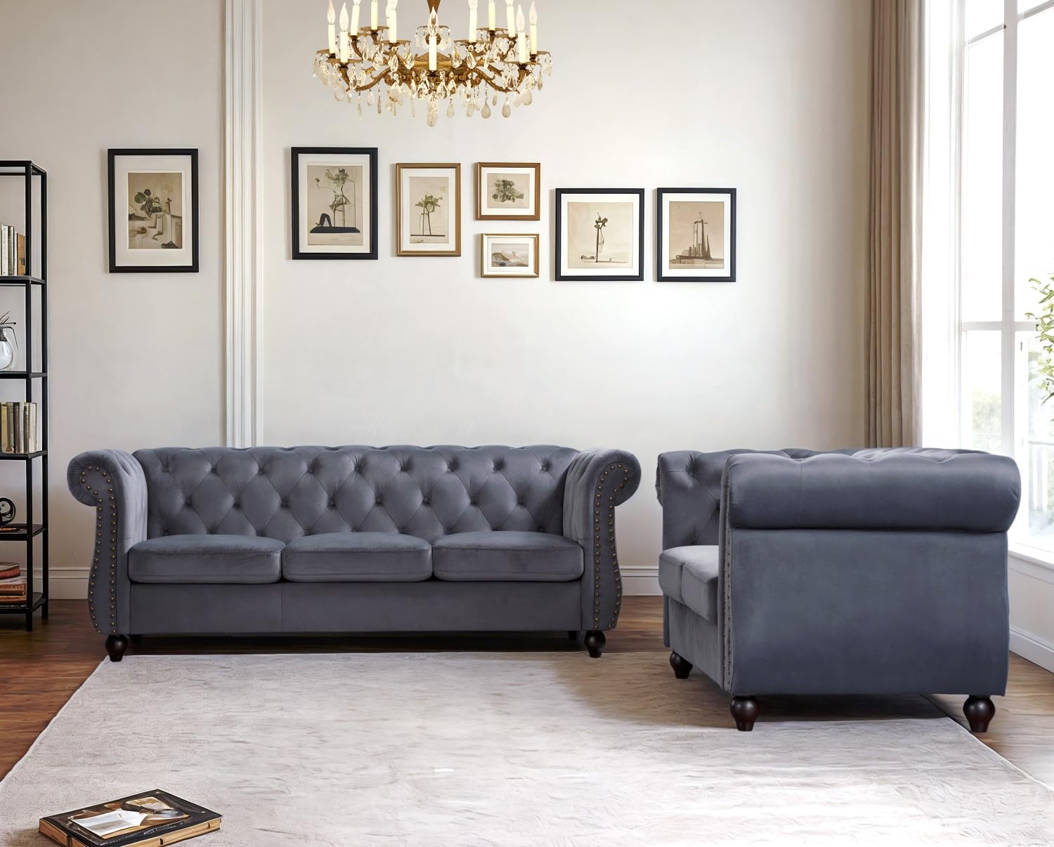 Container Furniture Velvet Chesterfield Couch, Button-Tufted Backrest, Rolled Arms, High-Density Foam with Spring Support, Elegant Accent Piece, Sofa, Dark Blue