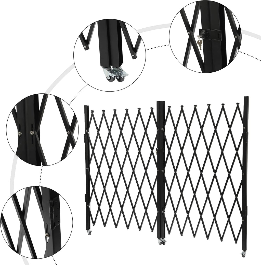 Double Folding Security Door, 5.25' H x 9.84' W Wall Mounted Scissor Gate - Iron & Aluminum Alloy Accordion Gate with 360 Rolling Barricade