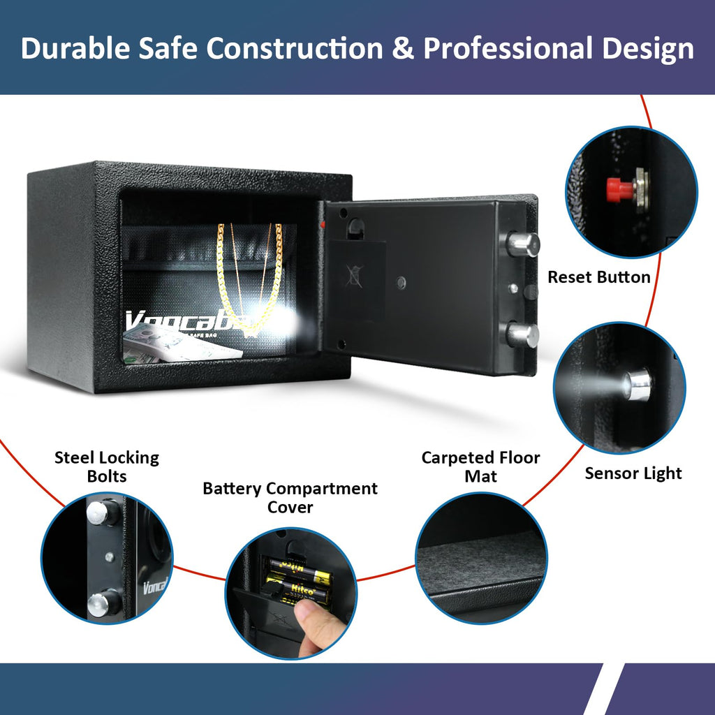Voncabay Money Safe Box for Home with Sensor Light & Fireproof Security Safe Box for Money Safe with Keys & Pass Code, Lock Box Fireproof Safe with Digital Keypad