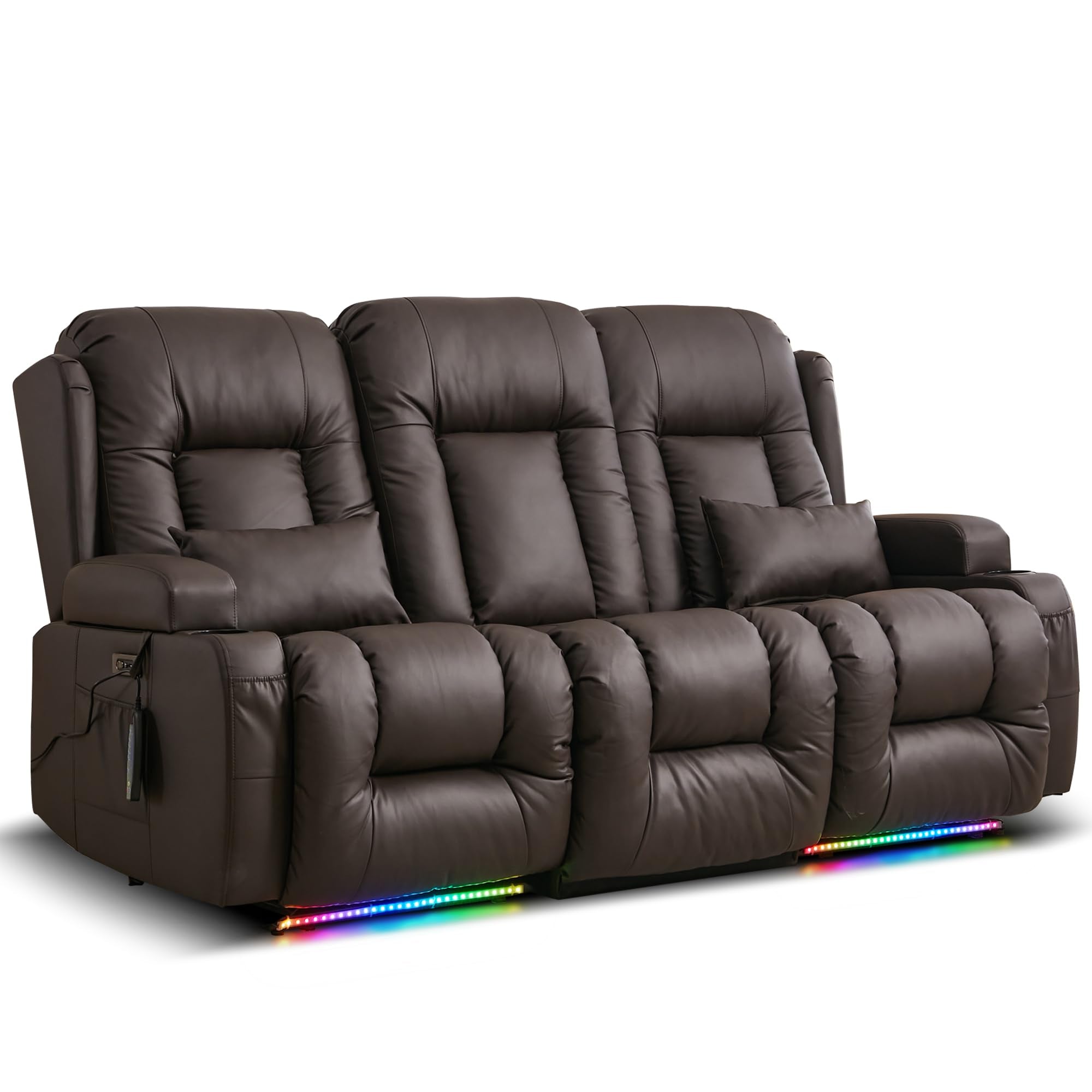 TUNYI Power Loveseat Recliner Sofa with Massage & Heat Home Theater Seating with Console Electric Recliner RV Sofa with USB/Outlet/Storage/Side Pocket/LED Light/Speaker (Brown, Loveseat)