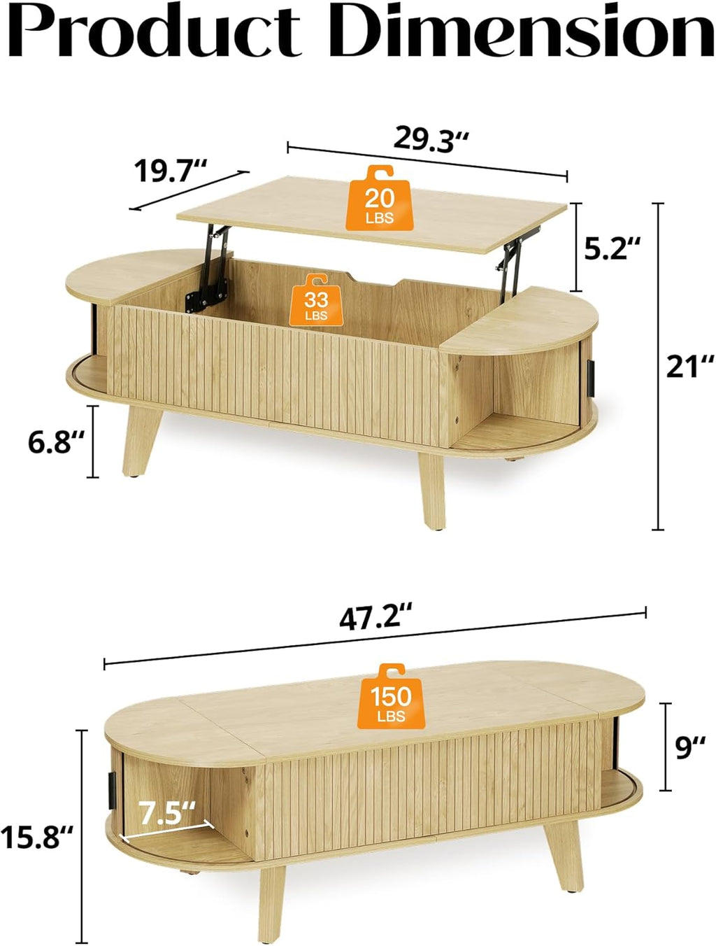 Oval Coffee Table with Storage, 47.2" Lift Top Coffee Table for Living Room, Modern Wood Fluted Center Table with 180° Sliding Tambour Door, Natural