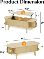 Oval Coffee Table with Storage, 47.2" Lift Top Coffee Table for Living Room, Modern Wood Fluted Center Table with 180° Sliding Tambour Door, Natural