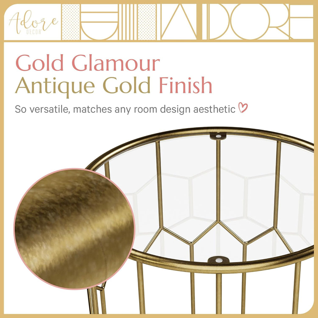 Harper Accent Side Table with Stylish Gold Frame, Round 16" Glass Top, Brushed MetalBase, Modern Metal SideTable or EndTable for Living Room, BedsideTable in Bedroom, Fully Assembled
