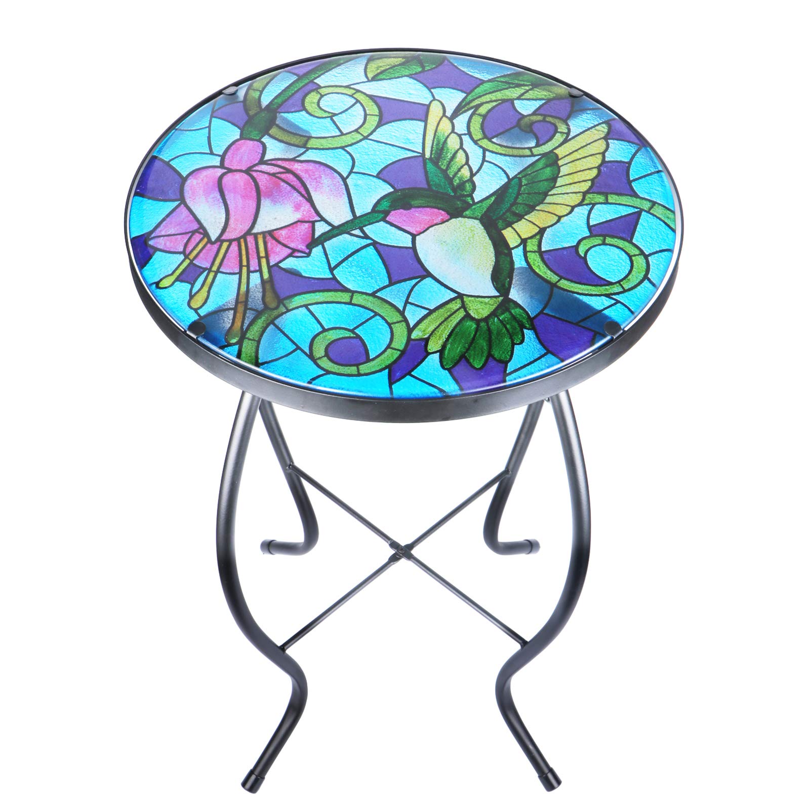 VCUTEKA Patio Side Table Outdoor Accent Table Bistro Coffee Table Plant End Table Small Porch Table Indoor Round Glass Balcony Plant Table Stands Peacock