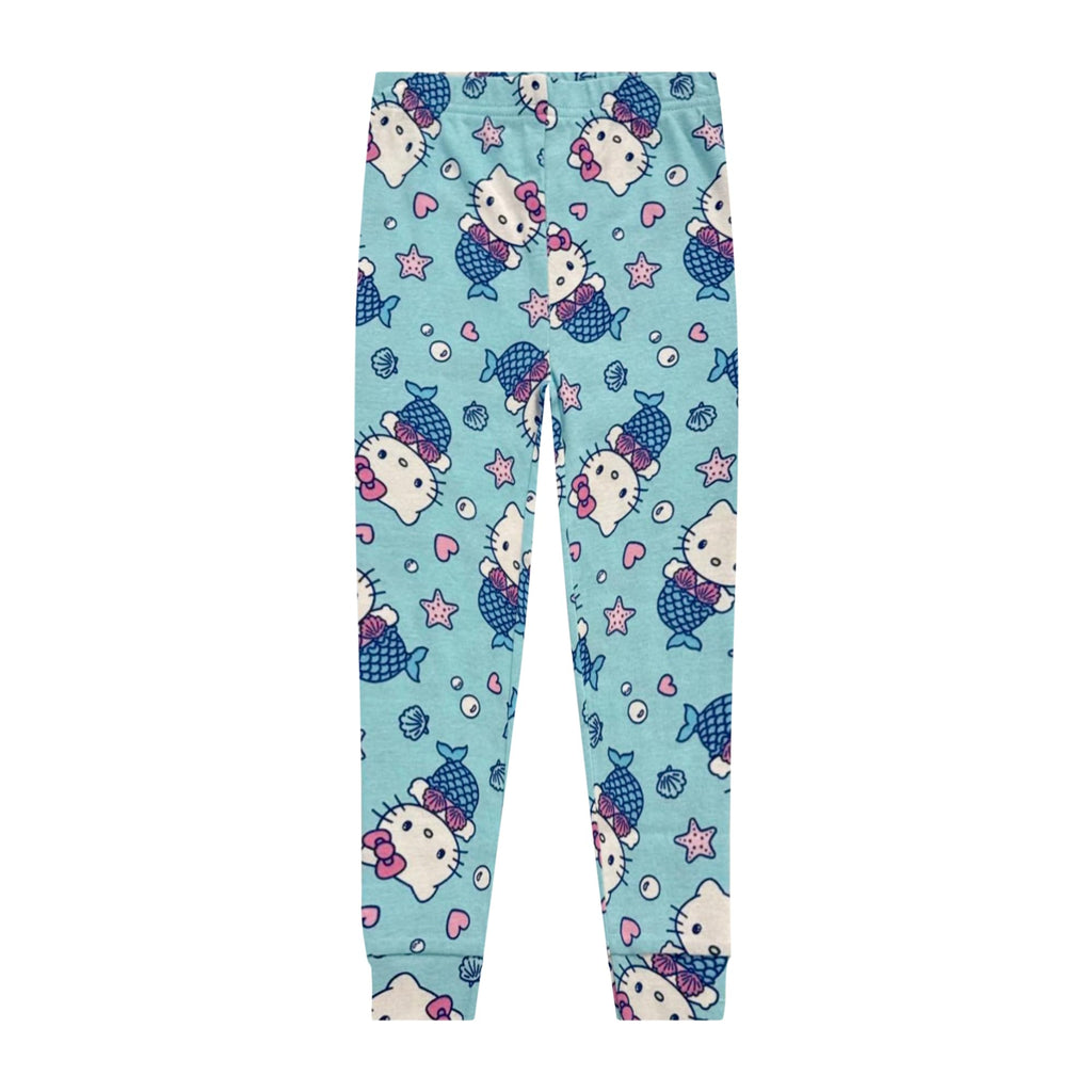 Hello Kitty Pige 4-delt Pyjamasæt - Kortærmet Skjorte, Shorts & Bukser - 100% Bomuld Børne Nattøj - Officiel Licens Pink Blå