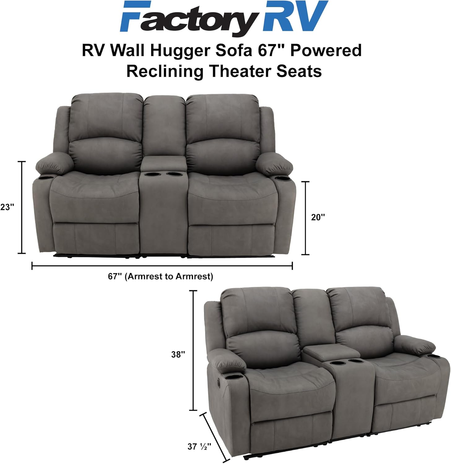 67" Wall Hugger Reclining | RV Theater Seats | Double Recliner RV Sofa & Console | RV Couch | RV Theater Seating | RV Furniture (Powered, Slate)