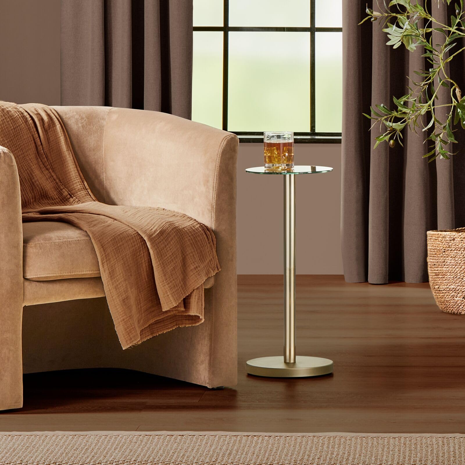 mDesign Glass Top Side/End Drink Table - Small Modern Round Accent Metal Nightstand Furniture for Living Room, Dorm, Home Office, and Bedroom - 9" Round - Clear/Soft Brass