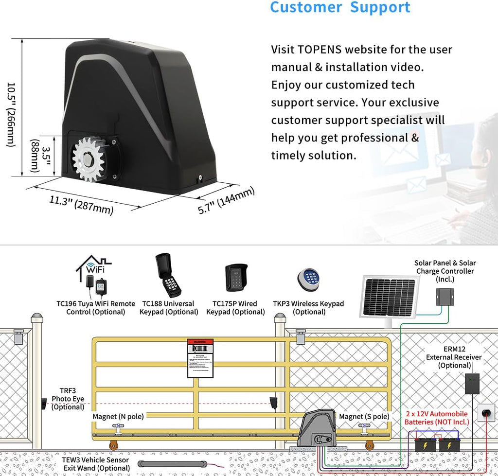 TOPENS DKR1100ST Solar Sliding Gate Opener Rack Drive Automatic Gate Motor for Heavy Driveway Slide Gates Up to 2600 Pounds, Electric Gate Operator Battery Powered with Solar Panel Remote Control Kit