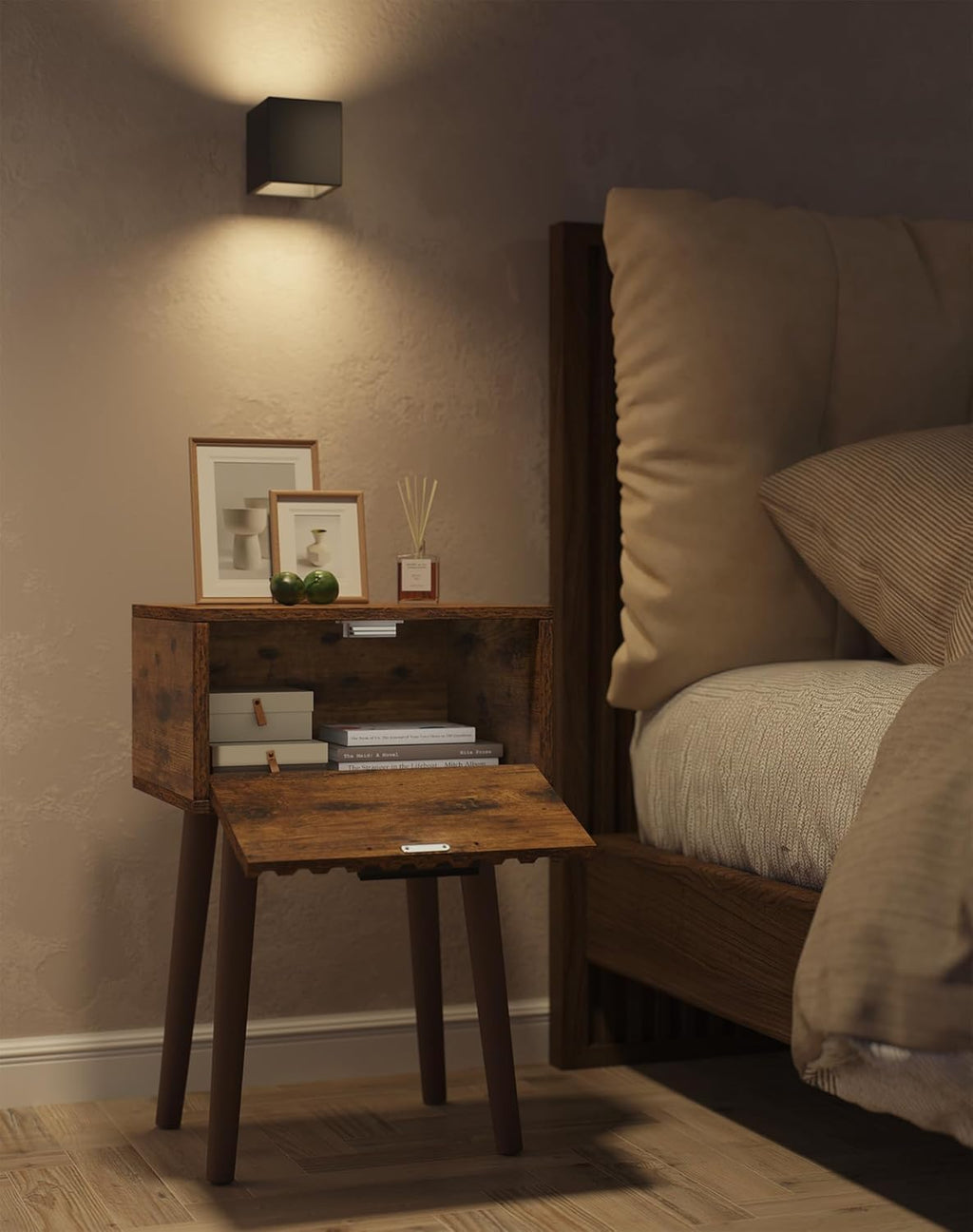 YMYNY Fluted Nightstand, Small End Table, Modern Coffee Table with Drawer, Solid Wood Legs, 13.8" x 10.6" x 20.9", for Bedroom and Small Spaces, Rustic Brown UHST014H-2