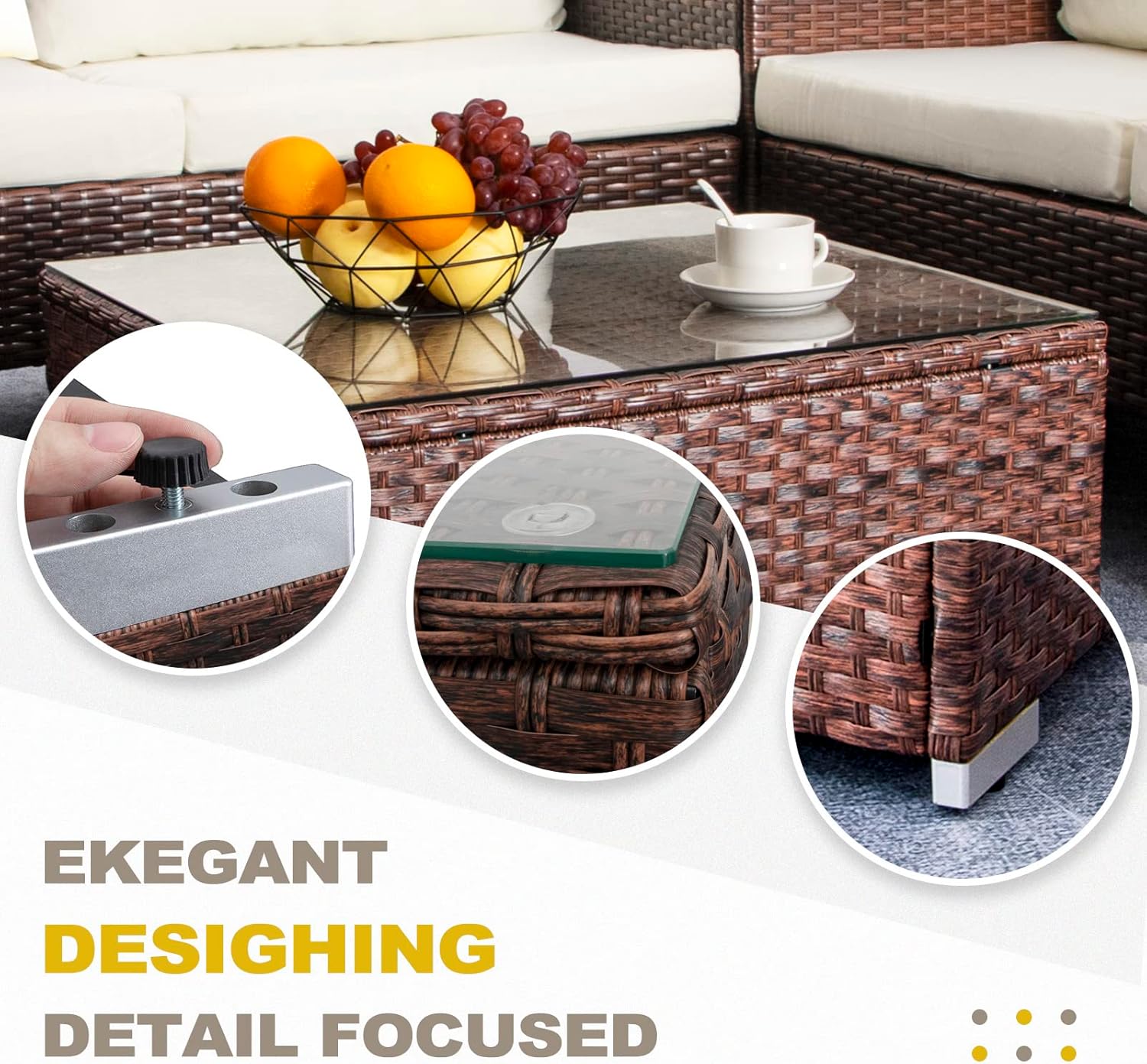 DIMAR GARDEN Outdoor Coffee Table Wicker Patio Side Table with Glass Top, 25.2in Mixed Brown