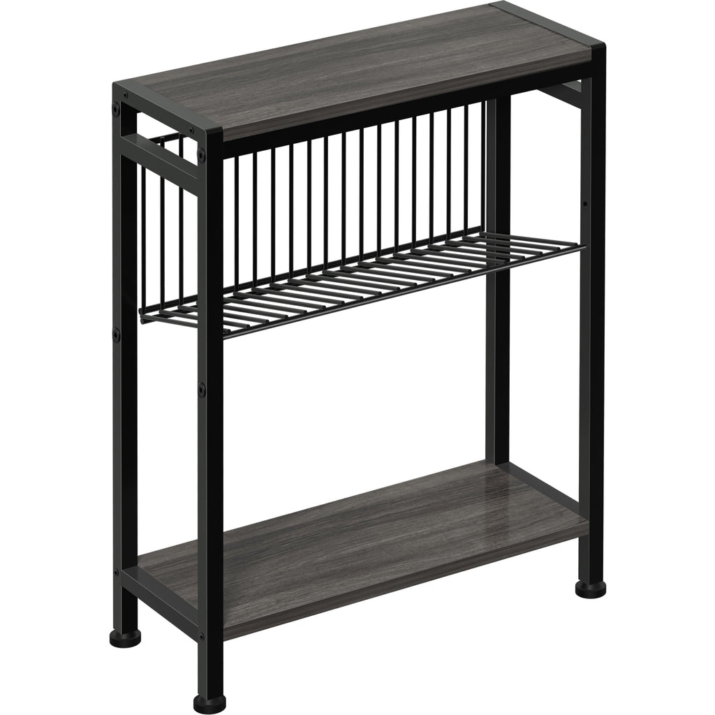 Small Side Table for Small Space, 3-Tier Narrow End Table with Magazine Holder,Slim Nightstand, Skinny Snack Couch Table in Living Room, Bedroom Study and Balcony (Rustic Brown &Black)