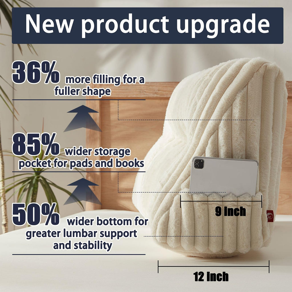 Rycwola hovedgærde pude i imiteret pels med 2 stk nakkepuder stor hovedgærde pude blød og støttende med aftageligt betræk (Beige, Queen)