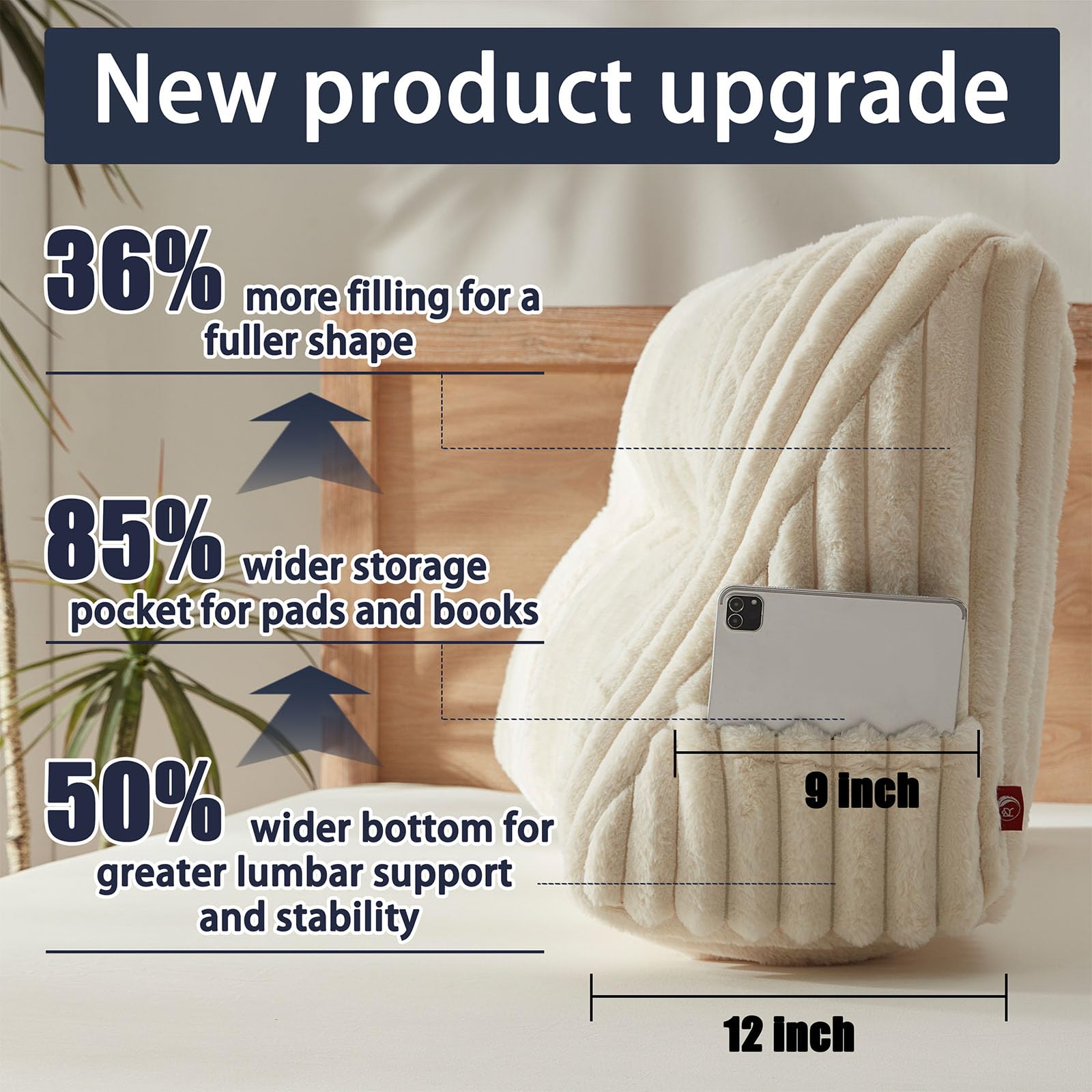 Rycwola hovedgærde pude i imiteret pels med 2 stk nakkepuder stor hovedgærde pude blød og støttende med aftageligt betræk (Beige, Queen)