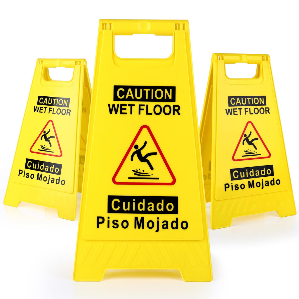 2-Pack Caution Wet Floor Sign,17.5" Height,Bright Yellow Double-Sided Folding A-Shaped Frame Design, Bilingual Caution Message