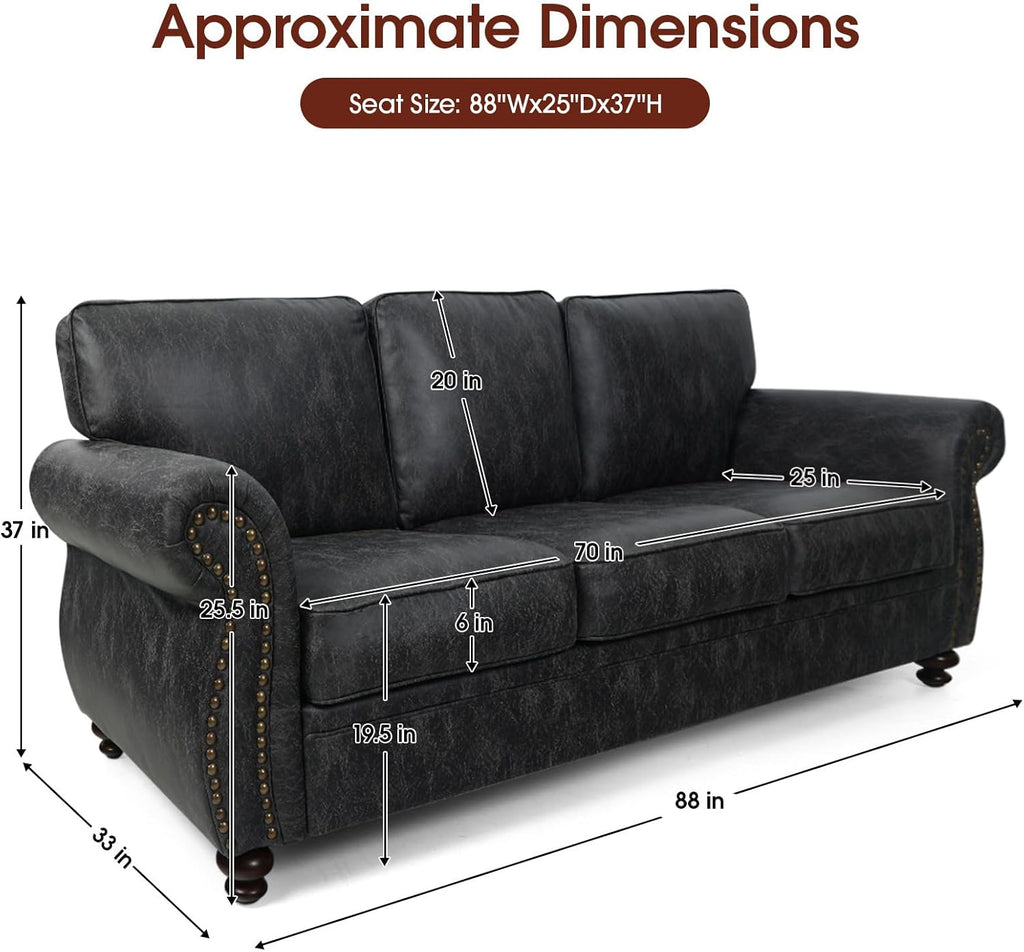 Mid-Century Vintage Sofa Couches with Rivet Design,loveseat Sofa,Removable Sofa Cover Upholstered Cushions and Solid Wood Frame (Grey, 3-Seater)