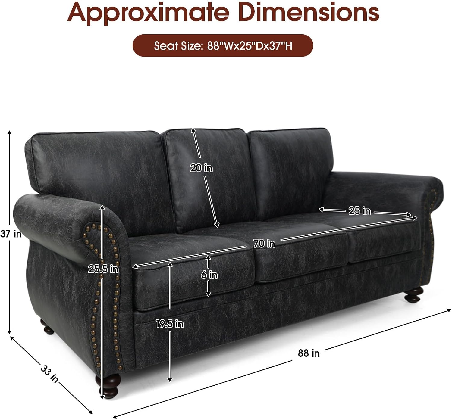 Mid-Century Vintage Sofa Couches with Rivet Design,loveseat Sofa,Removable Sofa Cover Upholstered Cushions and Solid Wood Frame (Grey, 3-Seater)