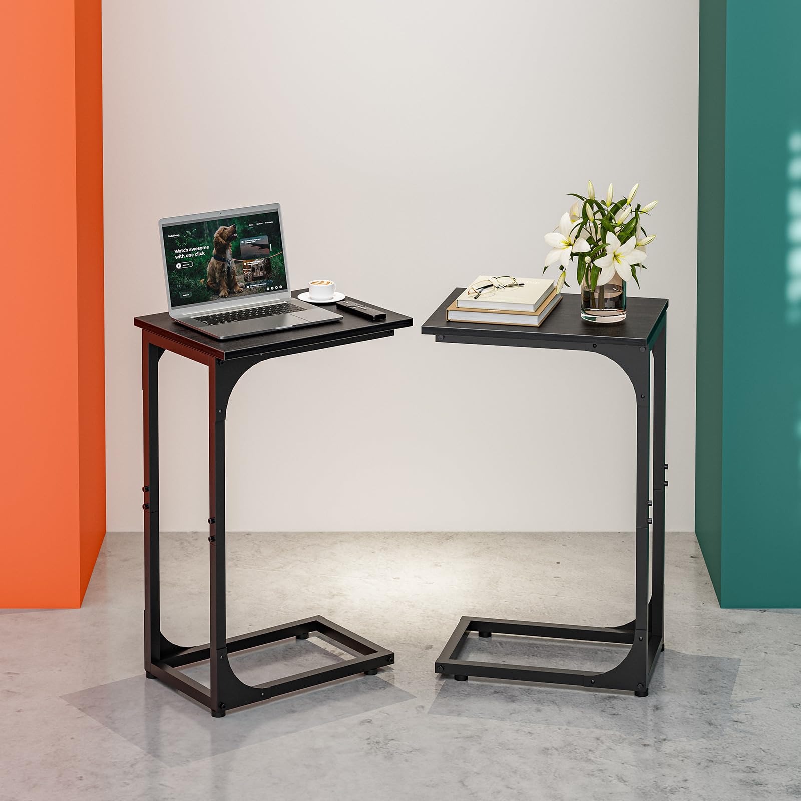 C-Shaped Side Table for Couch - Small Coffee Stand Sofa Tray Desk with Metal Frame and Waterproof Scratch Resistant, Modern End Accent for Living Room, Bedroom, Small Spaces, Rustic Brown