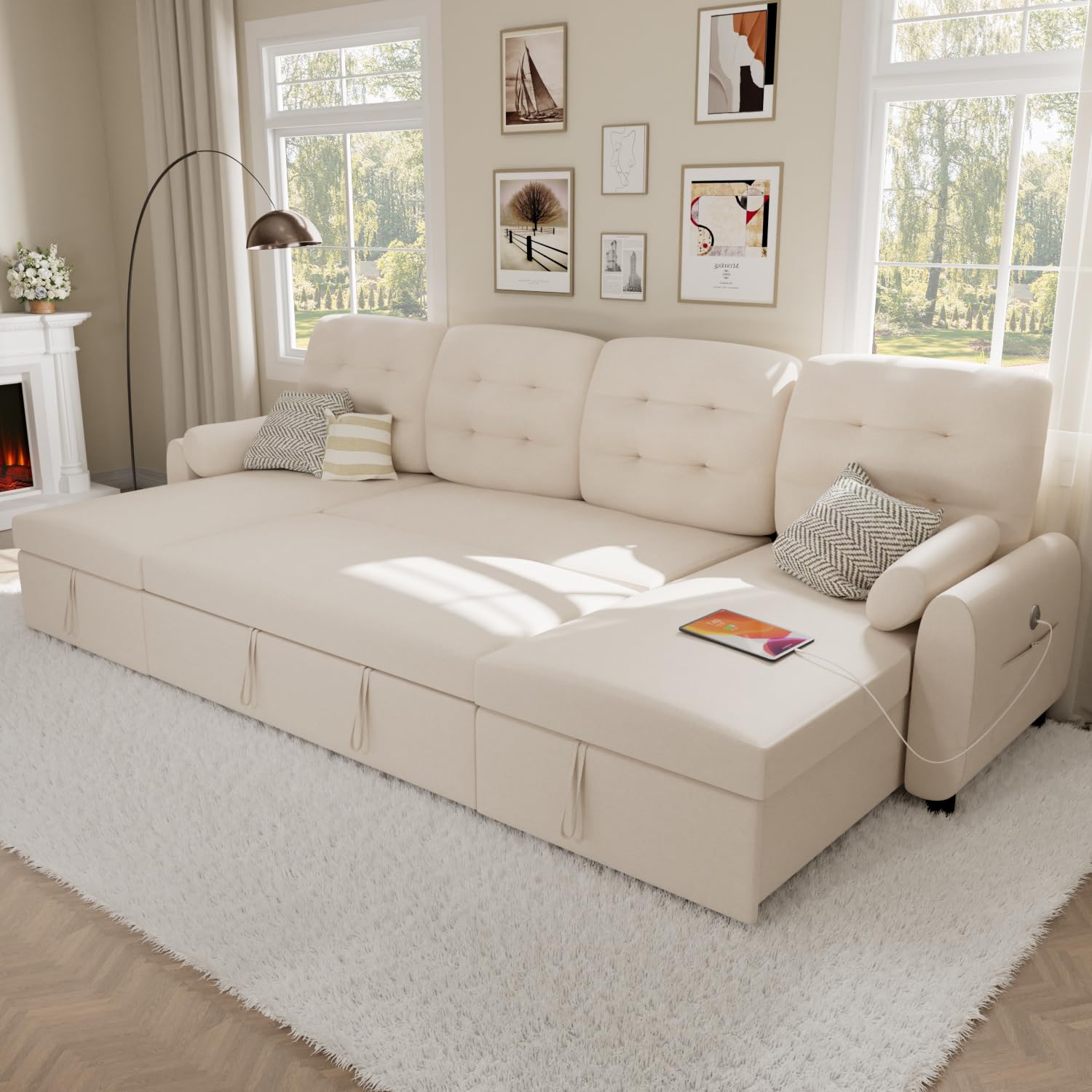 Ucloveria Sectional Sofa Couch, 87" Sleeper Sofa Bed with Reversible Storage Chaise Pull Out Couch for Living Room | Side Pocket | Charging Station | Removable Backrest | Linen Fabric, Black