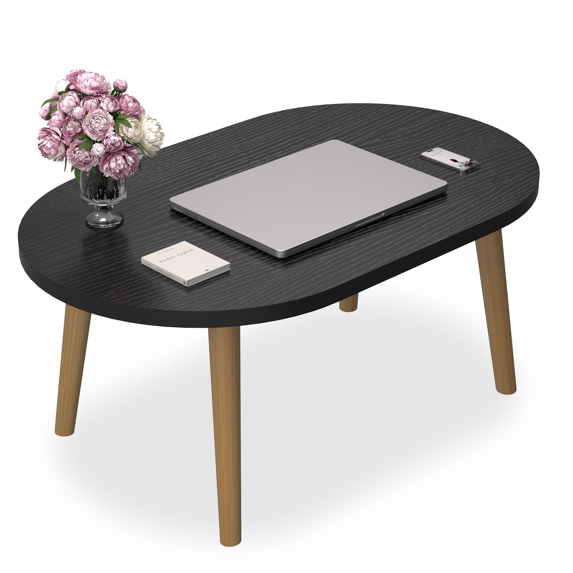Small Coffee Table for Small Space, Low Table, Floor Table Desk for Sitting on The Floor, Japanese Coffee Table for Living Room, Tatami Tea Tables with Solid Wood Legs, Oval Coffee Tables, Brown