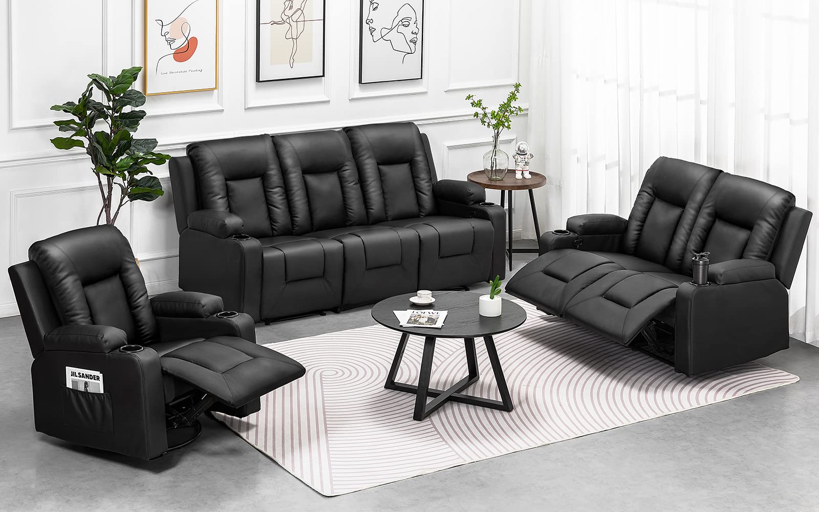 COMHOMA Recline Chair Set，Furniture 2PC Bonded Leather Recliner Set Living Room Set, Sofa, Loveseat（Black,Living Room Set3+2）