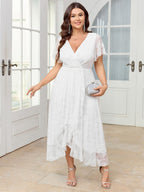 SCOMCHIC Womens Plus Size Wedding Guest Dress Formal Lace Wrap V Neck High Low Short Sleeve Cocktail Maxi Dresses XL-4XL White